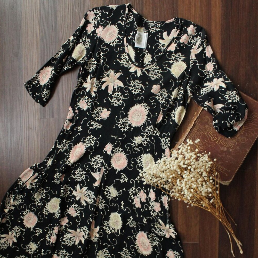 Vintage 1980's 1990s Dress, Zoe Black Floral Print Rayon Frock, Does 1940s
